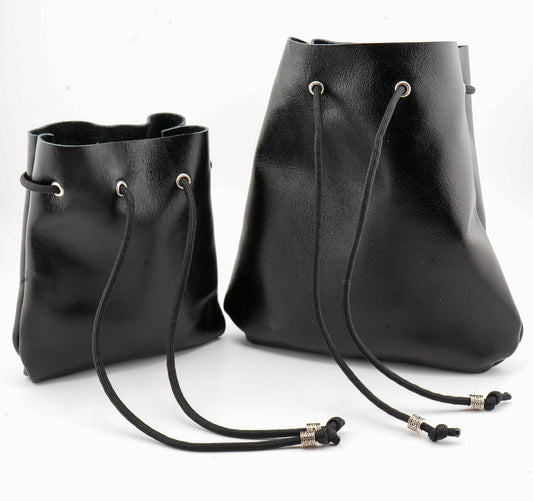 Black Leather Drawstring Pouch